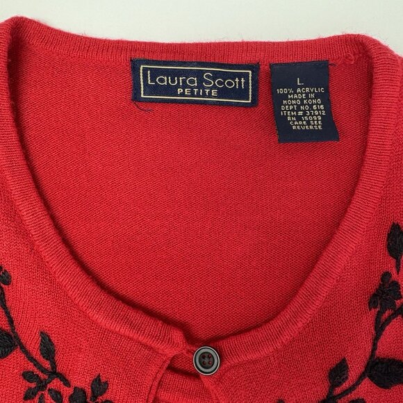 VTG Laura Scott Red Embroidered Cardigan & Tank One Piece Sweater Sz L Petite - Picture 7 of 8